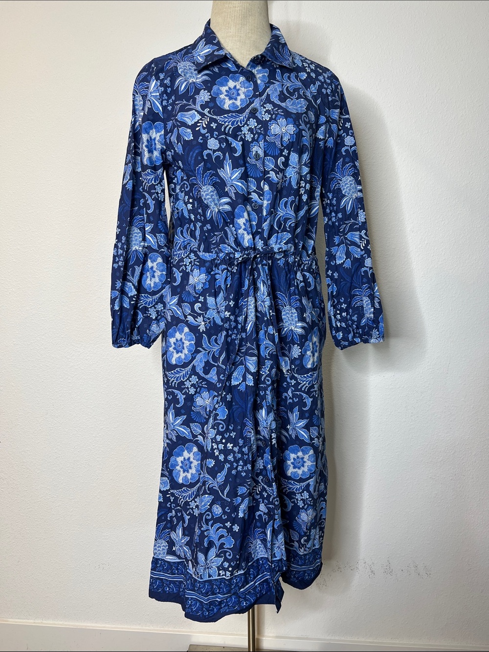 Talbots Blue Floral Cotton Shirt Dress with Tie Waist